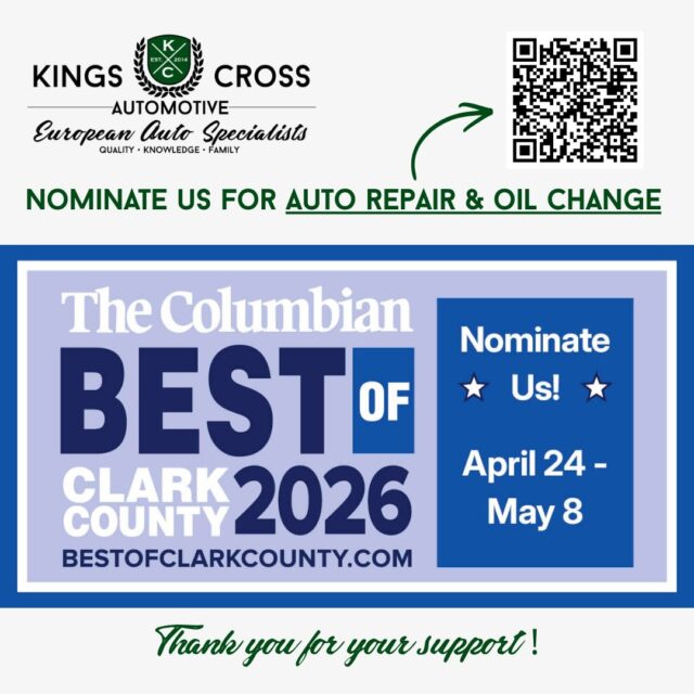 Nominations are open for Best of Clark County 2026, and we’re up for Auto Repair and Oil Change. If we’ve taken care of you and your vehicle, we’d truly appreciate your nomination.
It takes less than a minute, and it means a lot to our family-run shop. 

You can scan the QR Code ⬆️ or tap the link in our bio to nominate. Thank you for being part of the Kings Cross family.💚

#bestofclarkcounty2026 #oilchange #autorepair #vancouverwabusiness #portlandautorepair