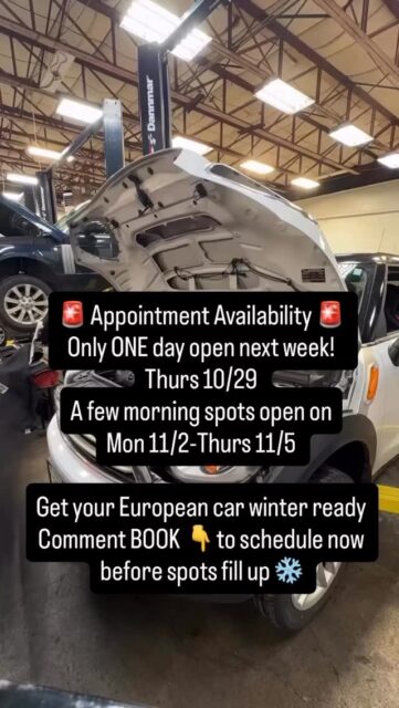 Our bays have been busy, and our team has been working hard to keep Vancouver’s European vehicles running safely! 

We’ve opened up some additional appointment slots. Here’s your chance to get your vehicle serviced before winter arrives! ❄️ 

🗓️ Thursday, 10/29 – A few openings available
🗓️ November 2–5 – Limited appointments available

Need factory-recommended maintenance, diagnostics, or brake service? We specialize in: BMW, Mercedes-Benz, Porsche, Audi, Volvo, Land Rover, Jaguar, and MINI. 

Comment BOOK below, and we’ll DM you a link to schedule your appointment! 👇

📍 315 E. Reserve St., Vancouver, WA |  360-695-3353

#KingsCrossAuto #VancouverWA #VancouverWAMechanic #EuropeanAutoRepair #pnwliving